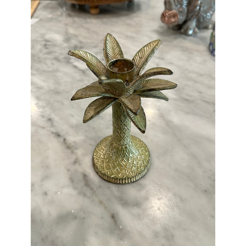 Vintage Brass Palm Tree Candlestick Hollywood Regency Coastal Palm Beach 6in